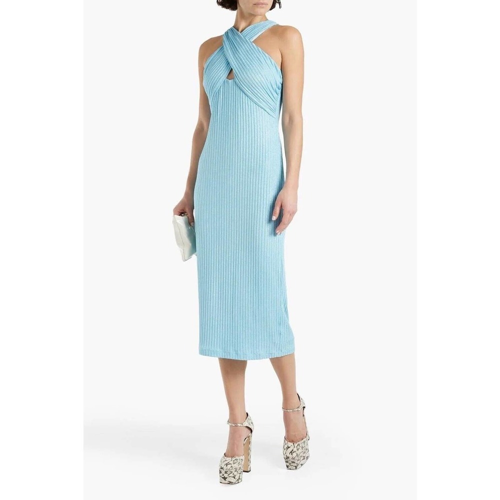 Monique Lhuillier Women's Crossover cutout metallic ribbed-knit midi dress Sz 6 - Picture 1 of 16